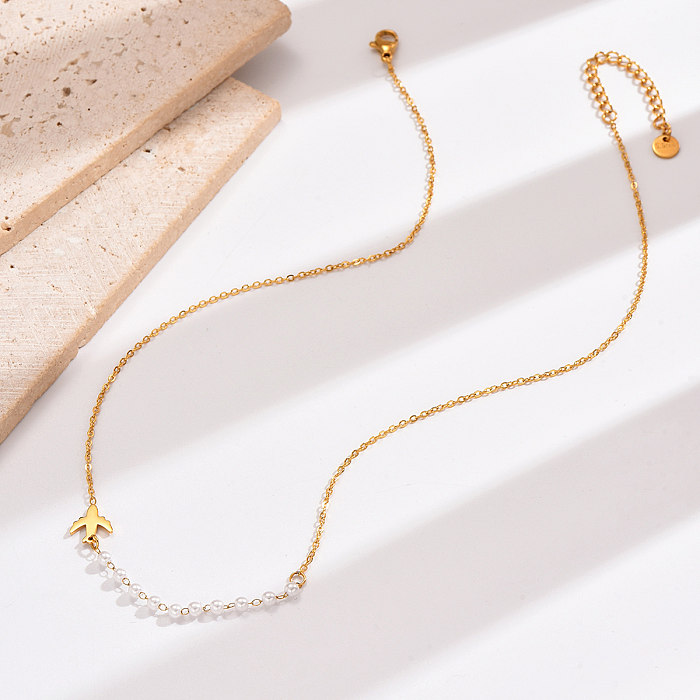 Collar chapado en oro de 14K con revestimiento de pulido de perlas artificiales de acero inoxidable elegante informal