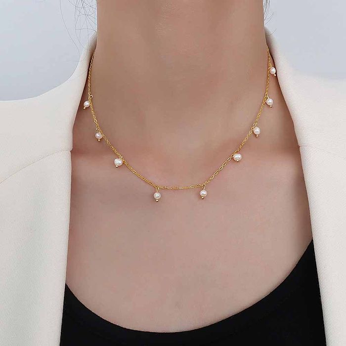 Collier Simple en acier inoxydable plaqué or 18 carats, couture de perles d'eau douce, bijoux