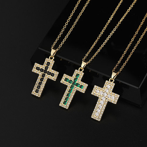 Hip-Hop Cross Stainless Steel Inlay Zircon 18K Gold Plated Pendant Necklace
