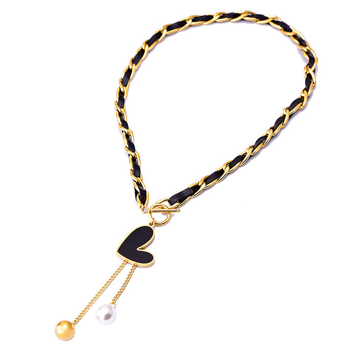 Mode Vierblättriges Kleeblatt Herzform Edelstahl Inlay Künstliche Perlen Anhänger Halskette 1 Stück