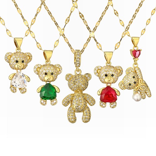 Niedlicher kleiner Bär im Cartoon-Stil, Edelstahl, Kupferbeschichtung, Inlay, Perle, Zirkon, vergoldet, Anhänger-Halskette