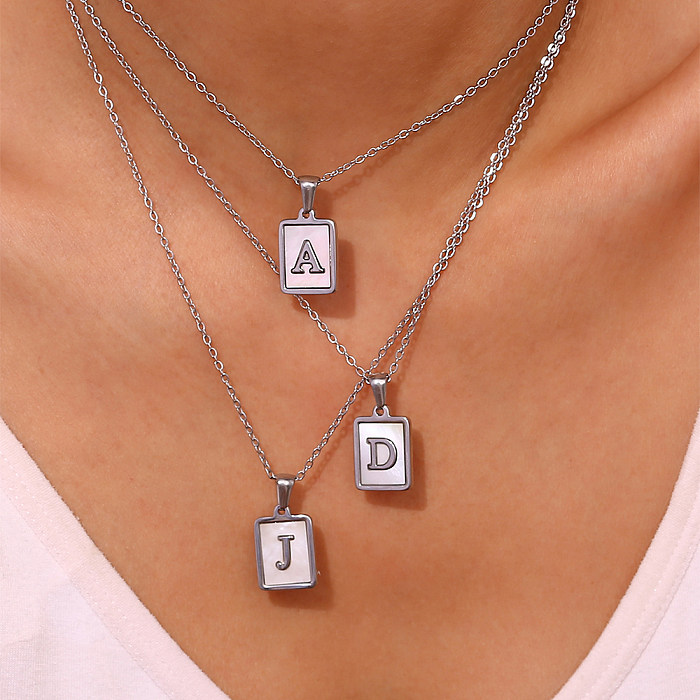 Simple Style Letter Square Stainless Steel  Inlay Shell Pendant Necklace