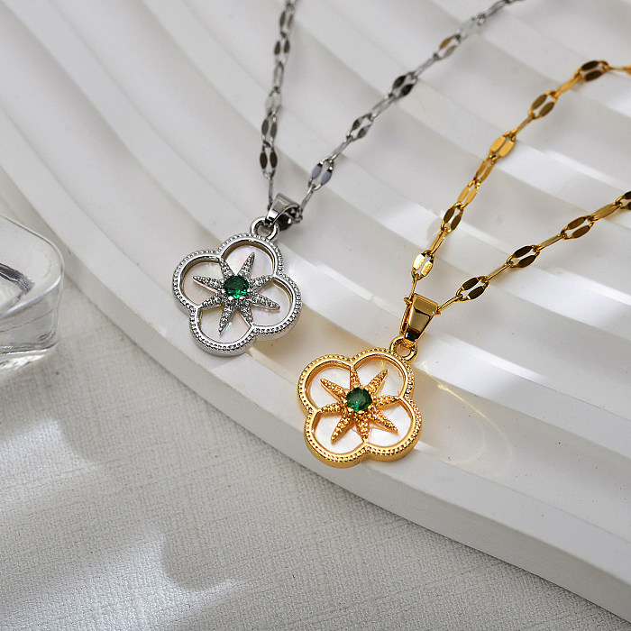 Streetwear Four Leaf Clover Flower Stainless Steel Copper Inlay Shell Zircon Pendant Necklace