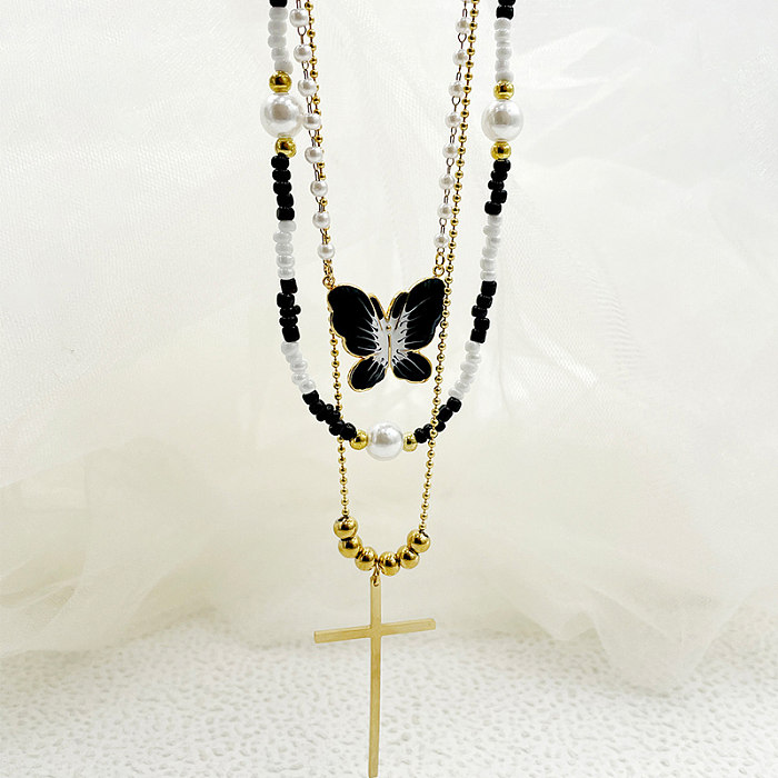 Collier à trois couches plaqué or, élégant Style Vintage artistique croix papillon en acier inoxydable perlé émail plaqué or