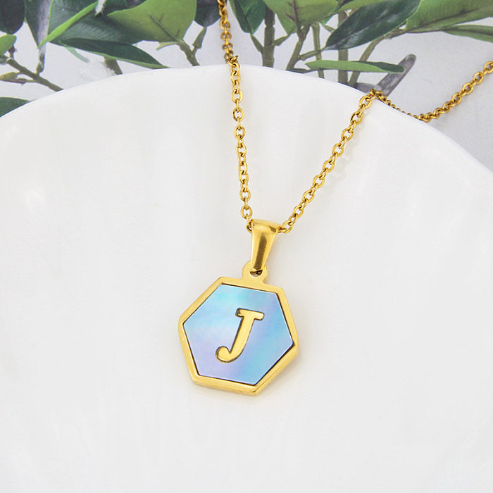Wholesalejewelry moda hexagonal azul concha 26 letras pingente colar de aço inoxidável joias