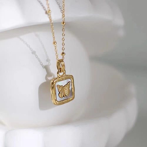 Vintage Style Animal Butterfly Stainless Steel Plating Inlay Shell 18K Gold Plated Pendant Necklace