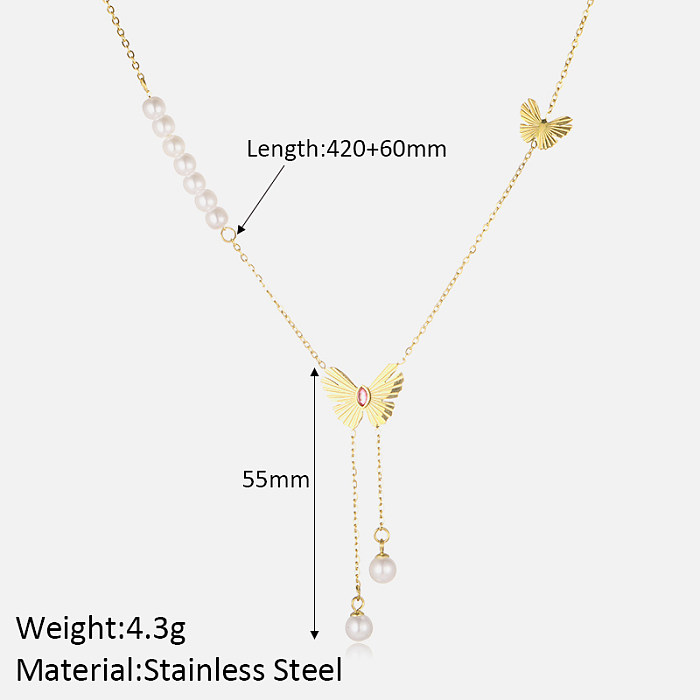 Estilo simple Estilo clásico Mariposa Chapado en acero inoxidable Incrustaciones de diamantes de imitación artificiales Collares de doble capa chapados en oro de 18 quilates