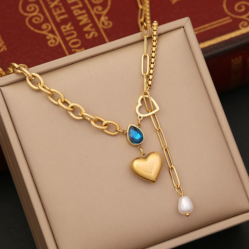 Wholesale 1 Piece Vintage Style Water Droplets Heart Shape Stainless Steel  18K Gold Plated Gem Pendant Necklace