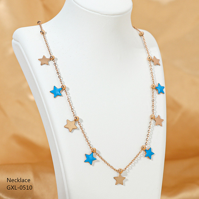 Lässige Retro-Pentagramm-Rechteck-Halskette aus Edelstahl mit Epoxidbeschichtung, rosévergoldet, vergoldet und versilbert