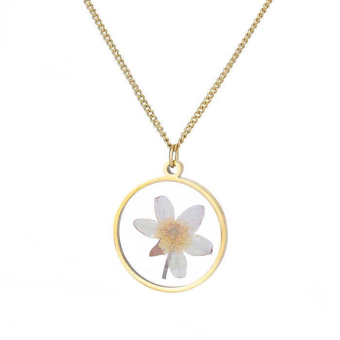 1 Piece Retro Round Flower Stainless Steel  Inlaid Resin Pendant Necklace