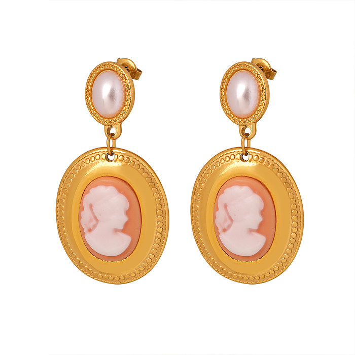 1 Pair French Style Portrait Plating Inlay Stainless Steel Artificial Pearls Resin 18K Gold Plated Drop Earrings