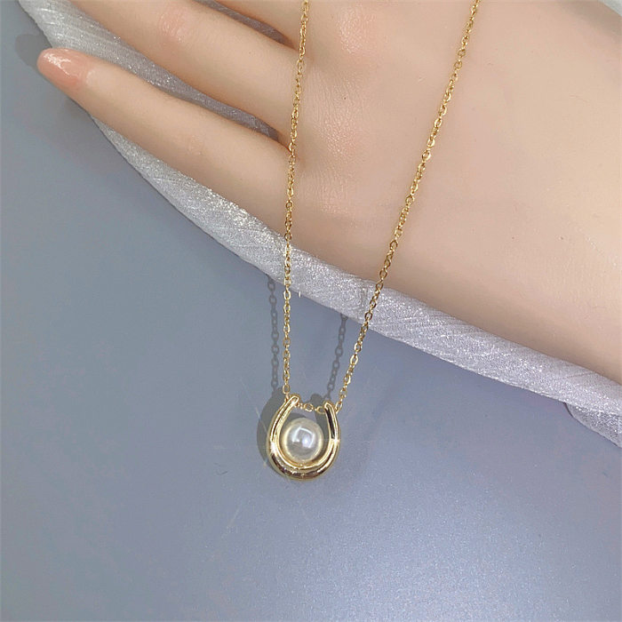 Elegant U Shape Stainless Steel Inlay Artificial Pearls Pendant Necklace