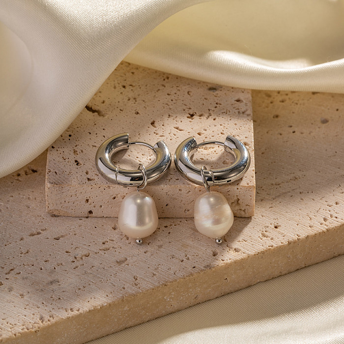 Boucles d'oreilles rondes en acier inoxydable, 1 paire, Style INS, incrustation de perles plaquées or blanc