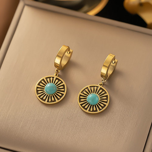 1 Pair Simple Style Solid Color Plating Inlay Stainless Steel Turquoise 18K Gold Plated Earrings