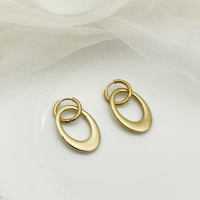 1 paire de boucles d'oreilles ovales en acier inoxydable plaqué or, Style moderne et Simple