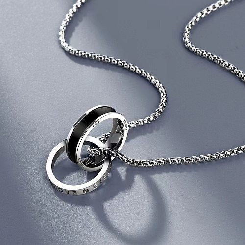Hip-Hop Style Simple exagéré Double anneau placage en acier inoxydable incrustation Zircon argent plaqué pendentif collier
