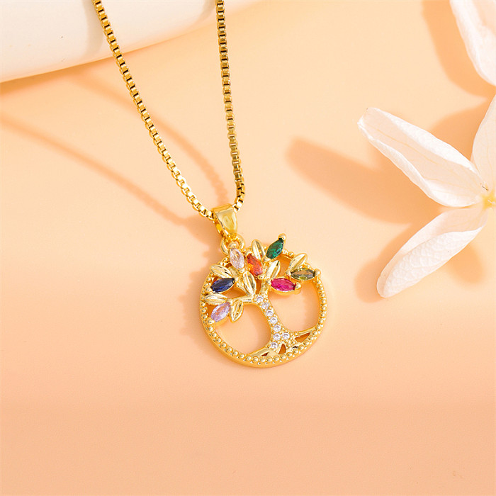 Simple Style Round Tree Stainless Steel  Stainless Steel Plating Inlay Zircon 18K Gold Plated Pendant Necklace