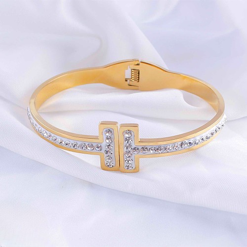 Casual estilo clássico cruz chapeamento de aço inoxidável incrustações strass rosa banhado a ouro banhado a prata pulseira