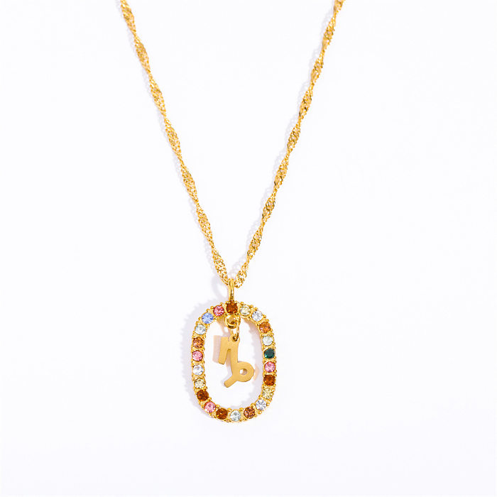 Halskette mit Sternbild-Anhänger im Retro-Klassiker-Stil, Edelstahl-Beschichtung, Intarsien, künstlicher Diamant, 18 Karat vergoldet