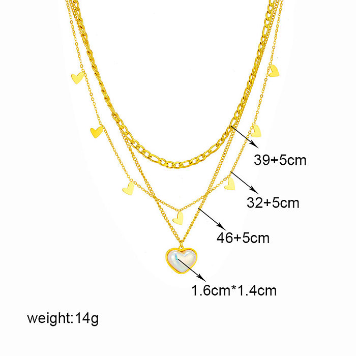Schlichter Stil, mehrschichtige Halsketten in Herzform mit Edelstahlbeschichtung und Perleneinlage, 18 Karat vergoldet
