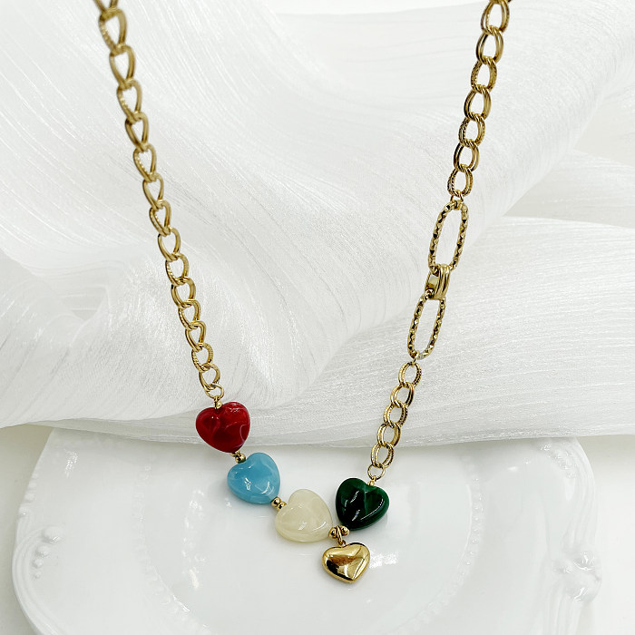 IG Style Casual Heart Shape Stainless Steel  Natural Stone Polishing Plating Gold Plated Pendant Necklace Long Necklace