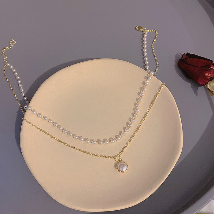 Collar con colgante de circonita y perlas de diamantes de imitación redondos de acero inoxidable geométrico de estilo coreano coreano