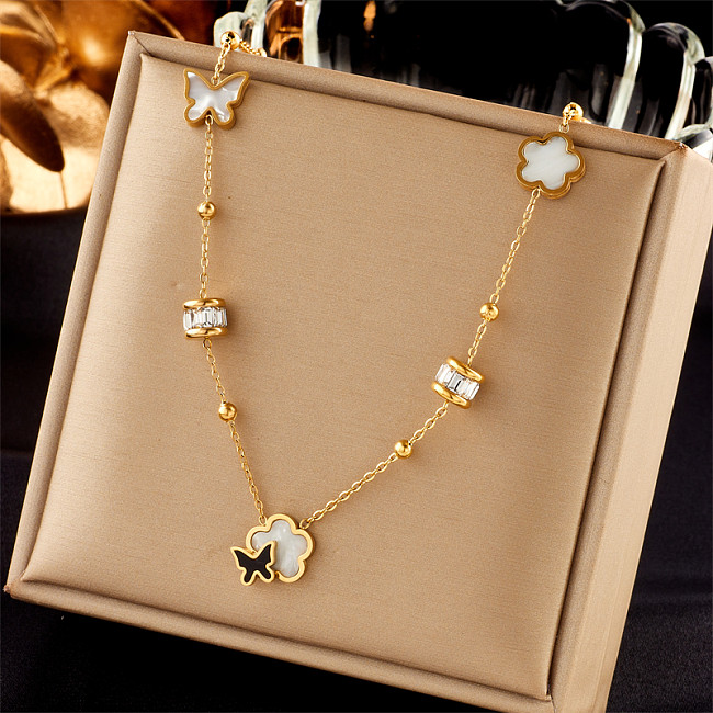 Vintage Style Flower Butterfly Stainless Steel  Plating Inlay Rhinestones 18K Gold Plated Necklace