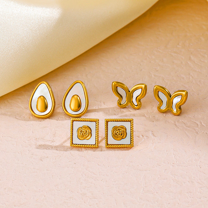 1 Pair Casual Simple Style Fruit Flower Butterfly Plating Inlay Stainless Steel Shell 18K Gold Plated Ear Studs
