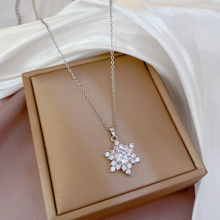 Lady Snowflake Stainless Steel Inlay Artificial Gemstones Necklace