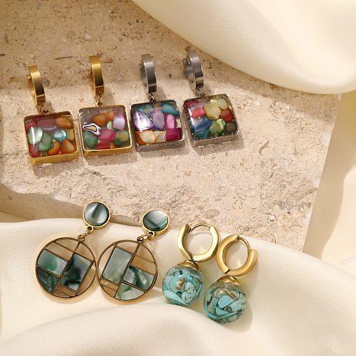 1 Pair Artistic Round Multicolor Square Plating Stainless Steel  Gold Plated Drop Earrings