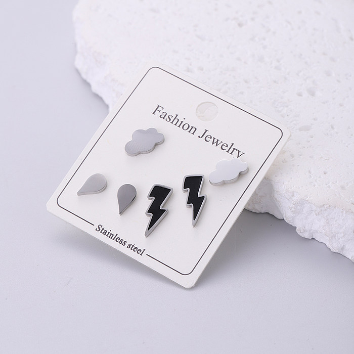 3 Pairs Korean Style Clouds Water Droplets Lightning Stainless Steel  Ear Studs