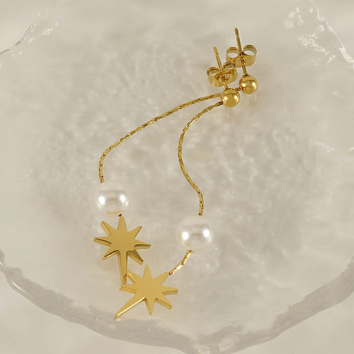 1 par de brincos de gota banhados a ouro 18K com incrustação de pérolas artificiais de aço inoxidável com estrela elegante