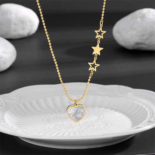 Glam Style coréen pentagramme forme de coeur en acier inoxydable placage incrustation coquille plaqué or 18 carats pendentif collier