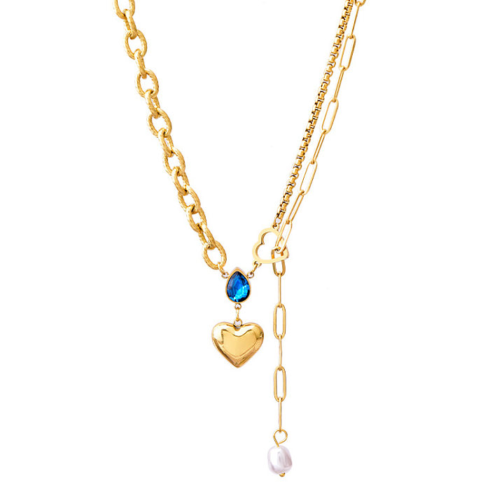 Collier en Zircon avec incrustation de perles artificielles en acier inoxydable en forme de cœur avec gouttelettes d'eau à la mode