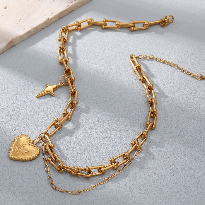 Fashion Star Heart Shape Stainless Steel  Chain Gold Plated Pendant Necklace 1 Piece