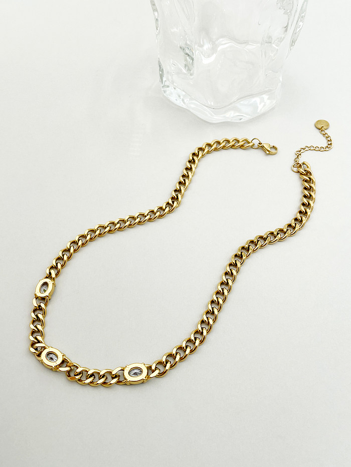 Einfache Streetwear-Halskette mit ovaler Edelstahl-Polierbeschichtung und Inlay-Zirkon-Vergoldung