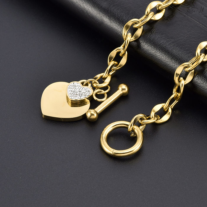 Simple Style Heart Shape Titanium Steel Plating Inlay Artificial Diamond 18K Gold Plated Bracelets