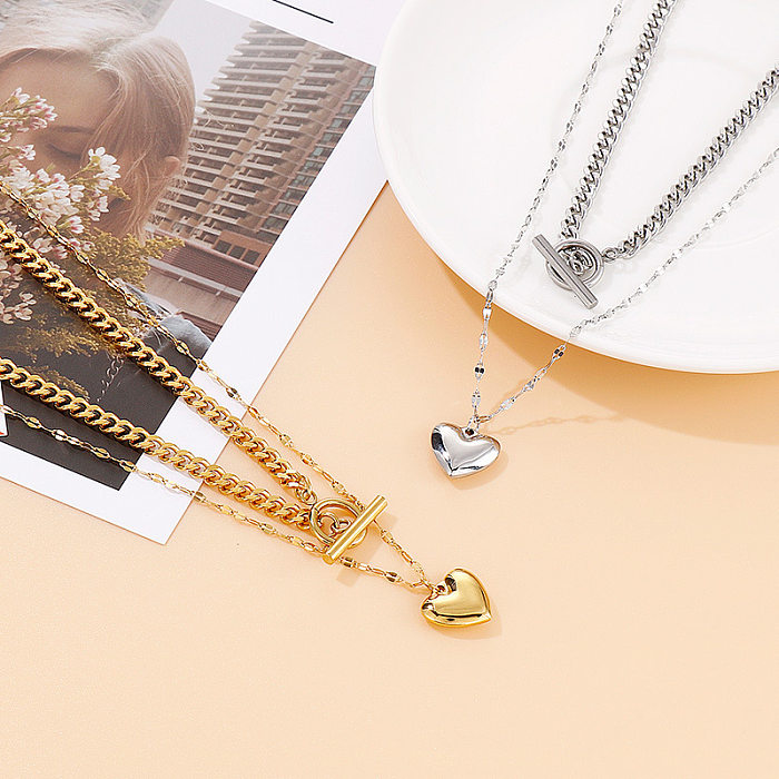 Wholesale Heart-shaped Pendant Thick Chain Double-layer Stainless Steel Necklace jewelry