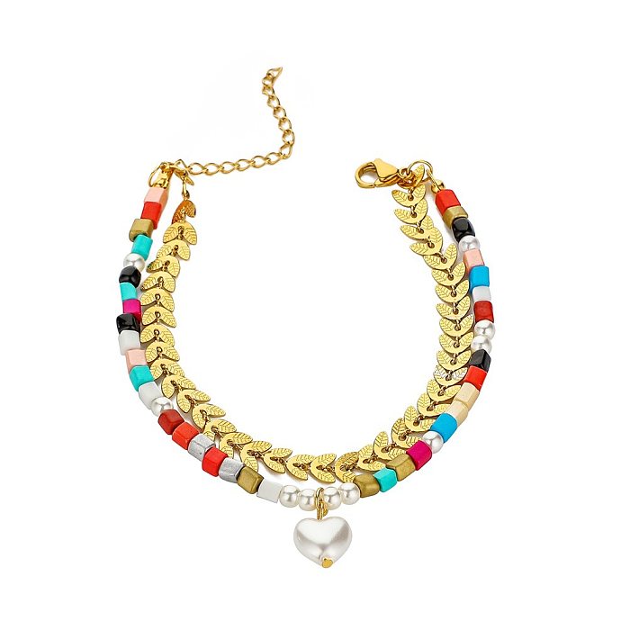 Simple Double-layer Heart Pearl Color Stone Titanium Steel Bracelet