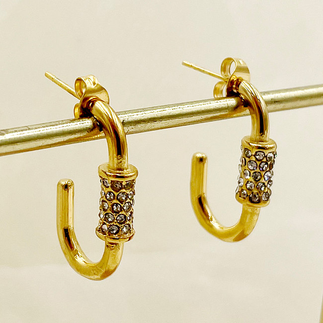 1 par retro estilo francês c forma chapeamento incrustação strass de aço inoxidável banhado a ouro brincos