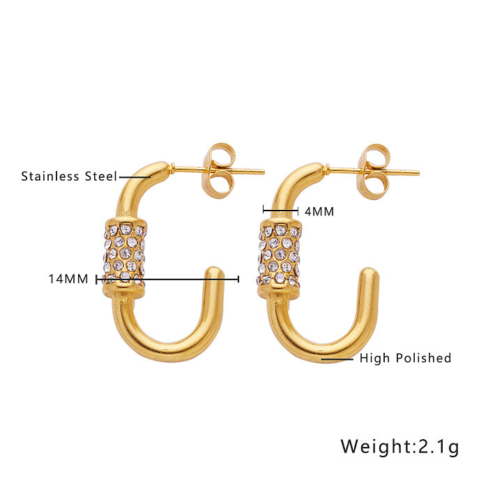 1 Paar klassische C-förmige U-förmige Überzug-Inlay-Ohrringe aus Edelstahl mit Zirkon und 18-Karat-Vergoldung