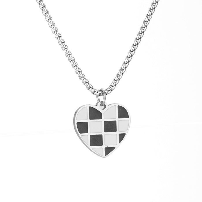 Cute Simple Style Lattice Heart Shape Stainless Steel  Enamel Plating White Gold Plated Platinum Plated Pendant Necklace