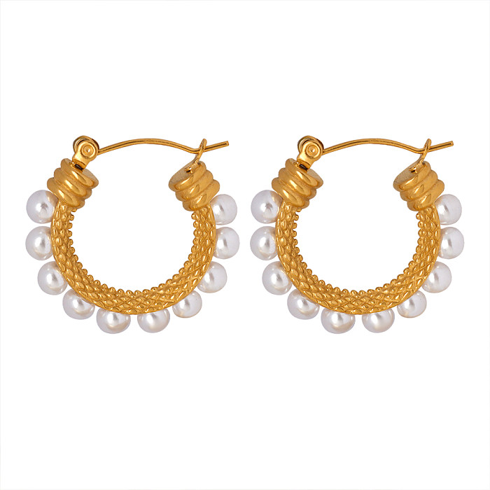 1 Pair Vintage Style C Shape Stainless Steel  Inlay Artificial Pearls 18K Gold Plated Earrings