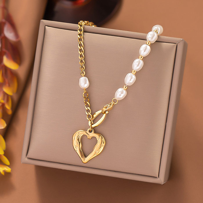 Simple Style Heart Shape Imitation Pearl Stainless Steel Beaded Plating Pendant Necklace
