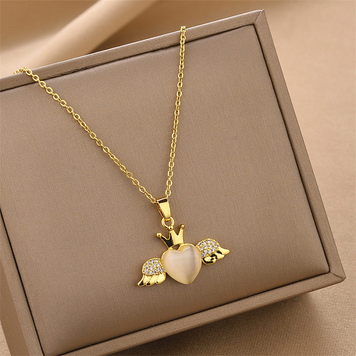 Fashion Heart Shape Wings Stainless Steel Inlay Rhinestones Opal Necklace 1 Piece