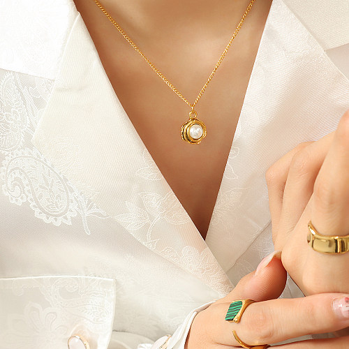 Elegant Geometric Stainless Steel  Inlay Artificial Pearls 18K Gold Plated Pendant Necklace