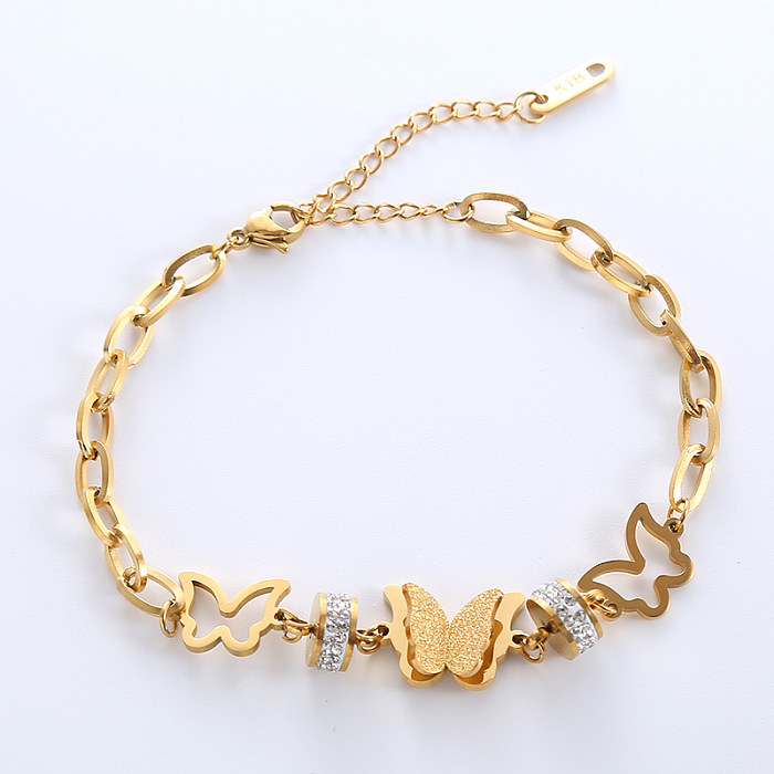 IG Style Casual Basic Love Letter Heart Shape Stainless Steel Beaded Hollow Out Inlay Rhinestones 18K Gold Plated Rose Gold Plated Bracelets