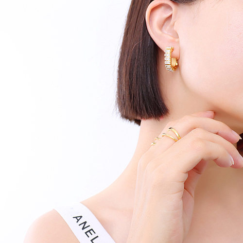 Brincos de diamante completos de zircão em forma de U personalizados joias de orelha de aço inoxidável