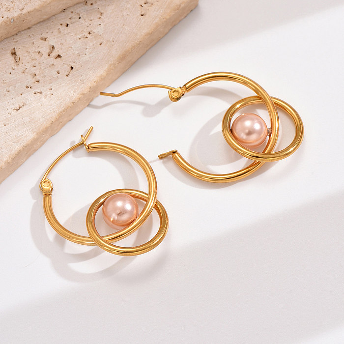 1 Pair Elegant French Style Round Polishing Plating Inlay Stainless Steel  Artificial Pearls 14K Gold Plated Earrings
