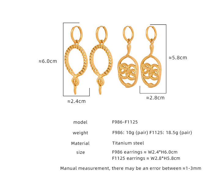 1 Pair Hip-Hop Simple Style Animal Snake Plating Stainless Steel 18K Gold Plated Drop Earrings